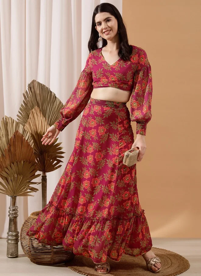 Indo Street Floral Printed Crop Top & Skirt Set for Women
