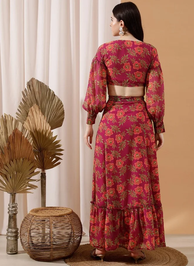 Indo Street Floral Printed Crop Top & Skirt Set for Women