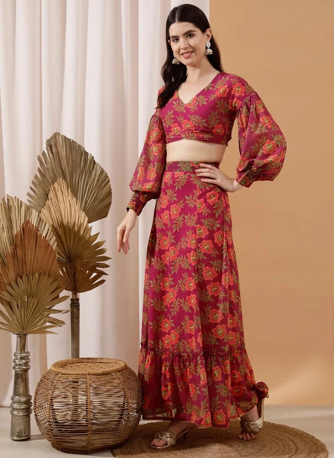 Indo Street Floral Printed Crop Top & Skirt Set for Women
