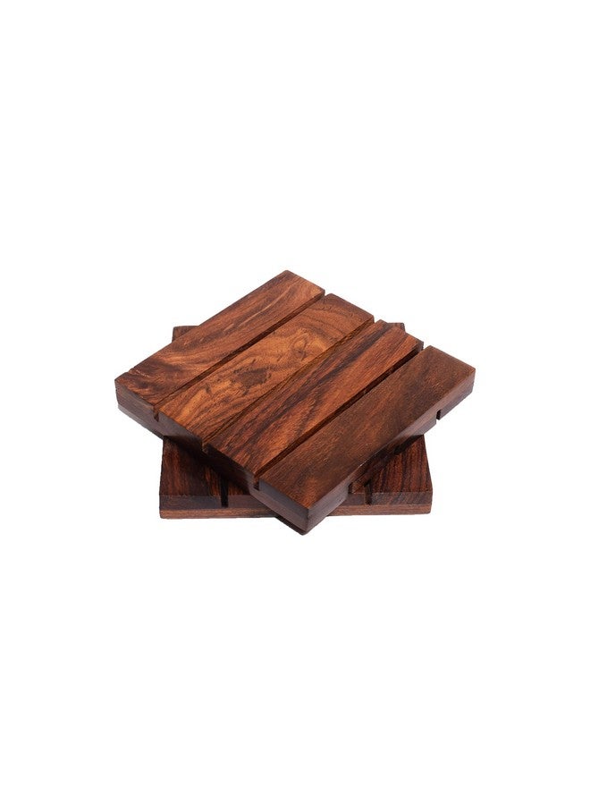 Hashcart Handmade Sheesham Wood Coaster Set with Holder (Set of 2) - Image 1