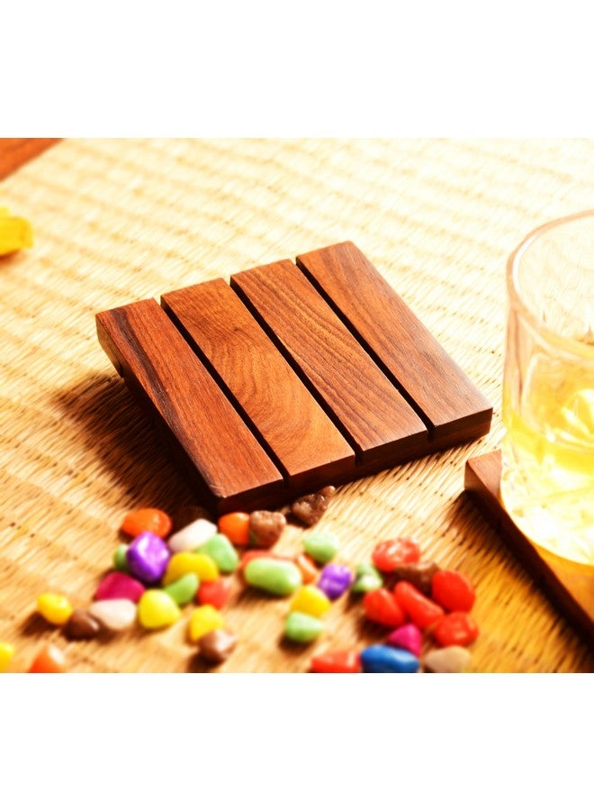Hashcart Handmade Sheesham Wood Coaster Set with Holder (Set of 2) - Image 2