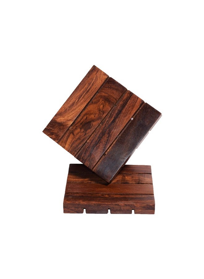 Hashcart Handmade Sheesham Wood Coaster Set with Holder (Set of 2) - Image 4