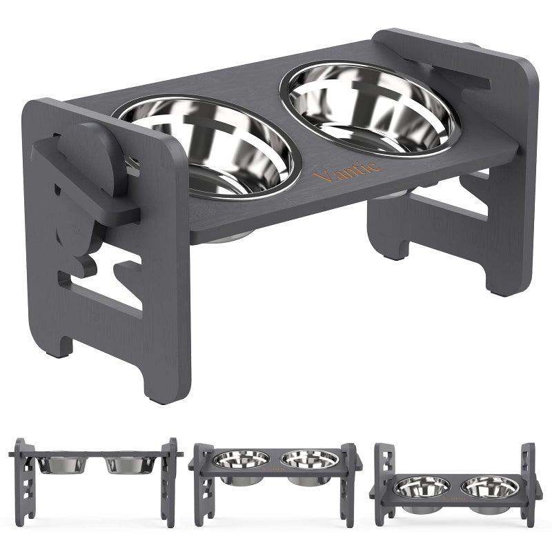 Vantic Elevated Dog Bowls, Adjustable Raised Dog Bowl Stand for Small Puppy and Cats, Sturdy Bamboo Pet Food Feeder with 2 Stainless Steel Dishes, Gray - Image 1