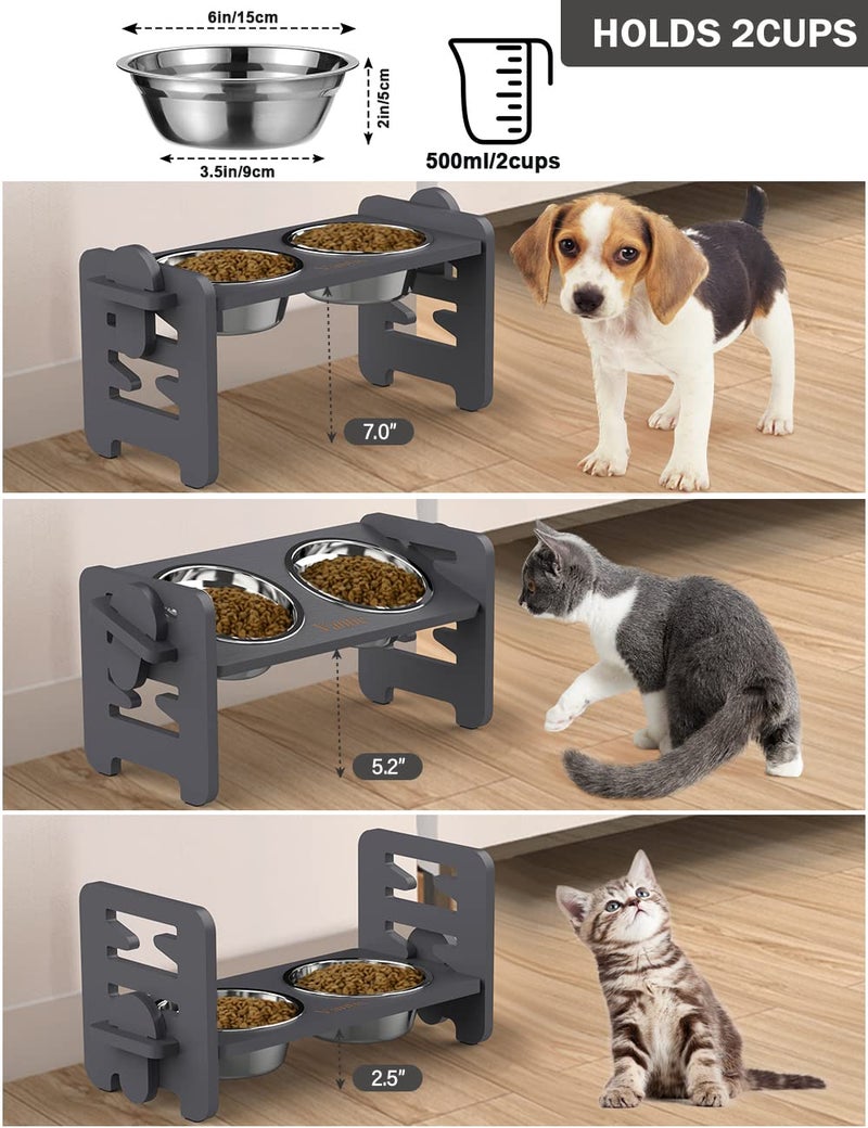 Vantic Elevated Dog Bowls, Adjustable Raised Dog Bowl Stand for Small Puppy and Cats, Sturdy Bamboo Pet Food Feeder with 2 Stainless Steel Dishes, Gray - Image 2