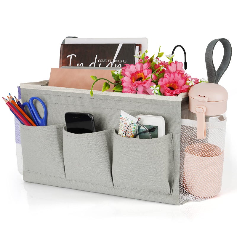 Lilithye Bedside Storage Organizer with Fixed Straps and Water Bottle Holder for Home College Dorm Bunk Hospital Bed Crib Bed Rails Grey