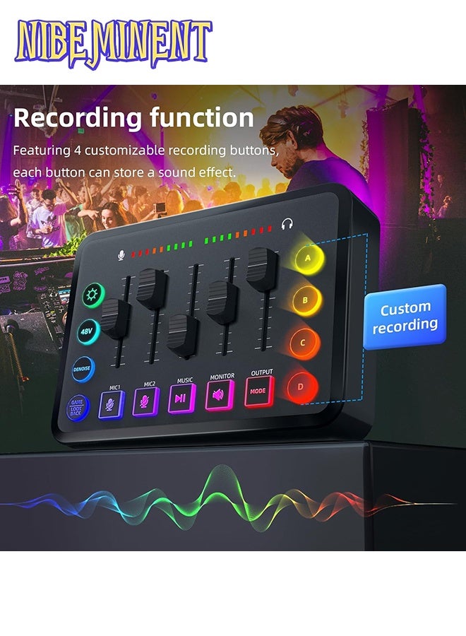 NIBEMINENT HD Gaming Audio Mixer Rechargeable Audio Interface RGB Mixer with XLR Mic Interface 48V Phantom Power for Podcast/Recording Black - Image 1