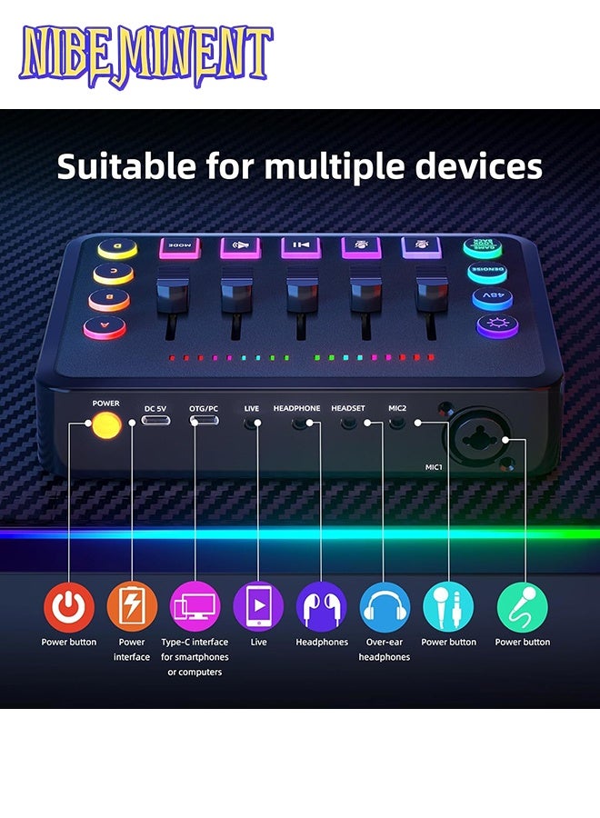 NIBEMINENT HD Gaming Audio Mixer Rechargeable Audio Interface RGB Mixer with XLR Mic Interface 48V Phantom Power for Podcast/Recording Black - Image 3
