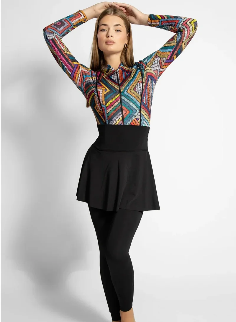 MINERVA SECRETS GEOTONE- Exclusive Premium Burkini Set with Elegant Top, High-Waisted Leggings, Chic Beach Skirt, and Stylish Swim Terbon