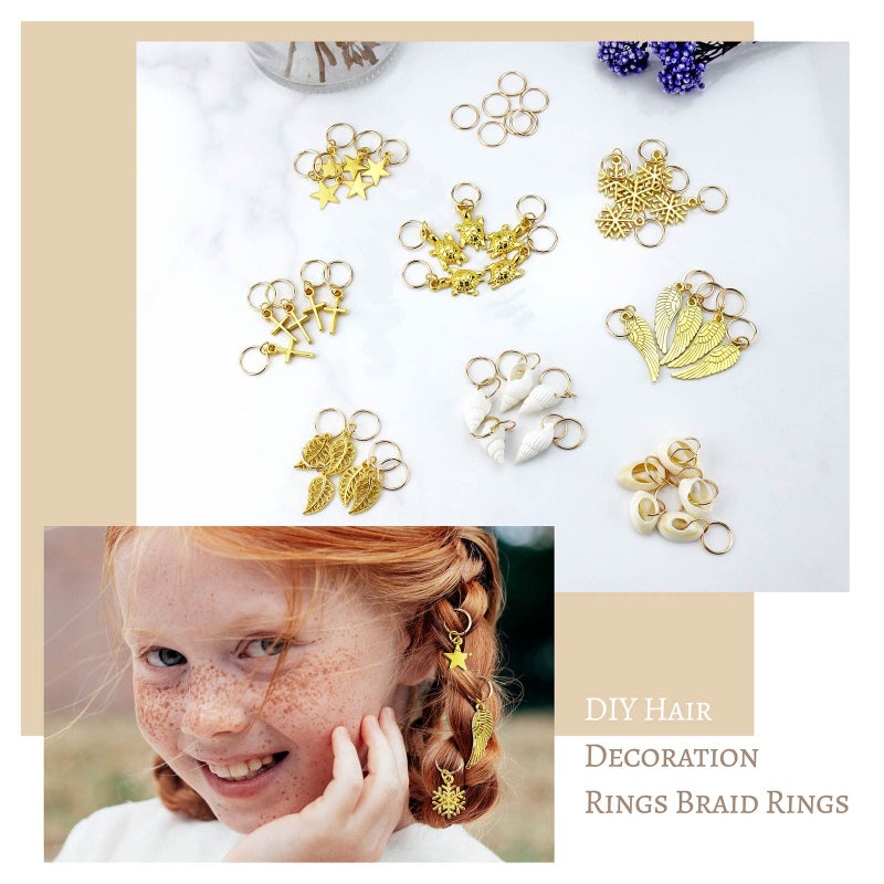 JIALEEY Hair Braid Rings, 50PCS Hair Loops Clips Gold Ring Shell Leaves Star Conch Snowflake Pendant Charms Set Hair Clip Headband Accessories - Image 4