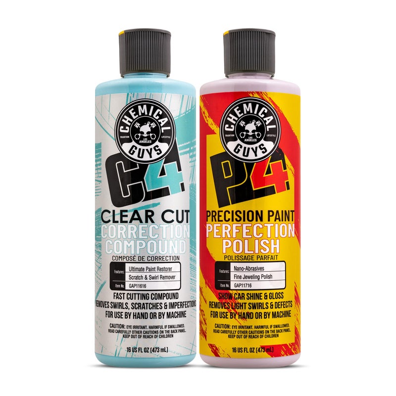 Chemical Guys C4 & P4 Clear Cut Correction Compound and Precision Paint Perfection Polish Combo - Removes Scratches, Swirls, Towel Marks, and Etching, Restores Gloss, Polishing Kit - 2 x 16 oz - Image 1