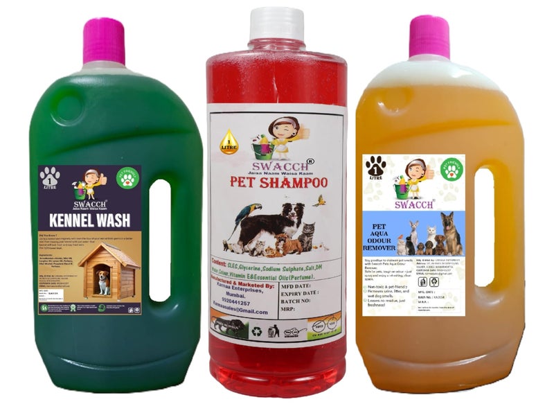 swacch Kennel Wash (Jasmine) + Pet Shampoo (Jasmine) I Pet Aqua Odour Remover (Orange) 1 Litre Combo Pack of 3 Economical Pack I Dog and Cat Friendly - Image 1