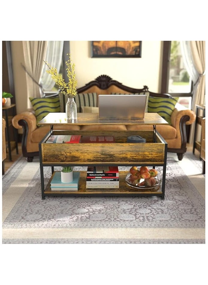 Lift Top Coffee Table, Pop Up Storage, Open Shelf Rising Center, End Table for Living Room Reception (Black Brown)