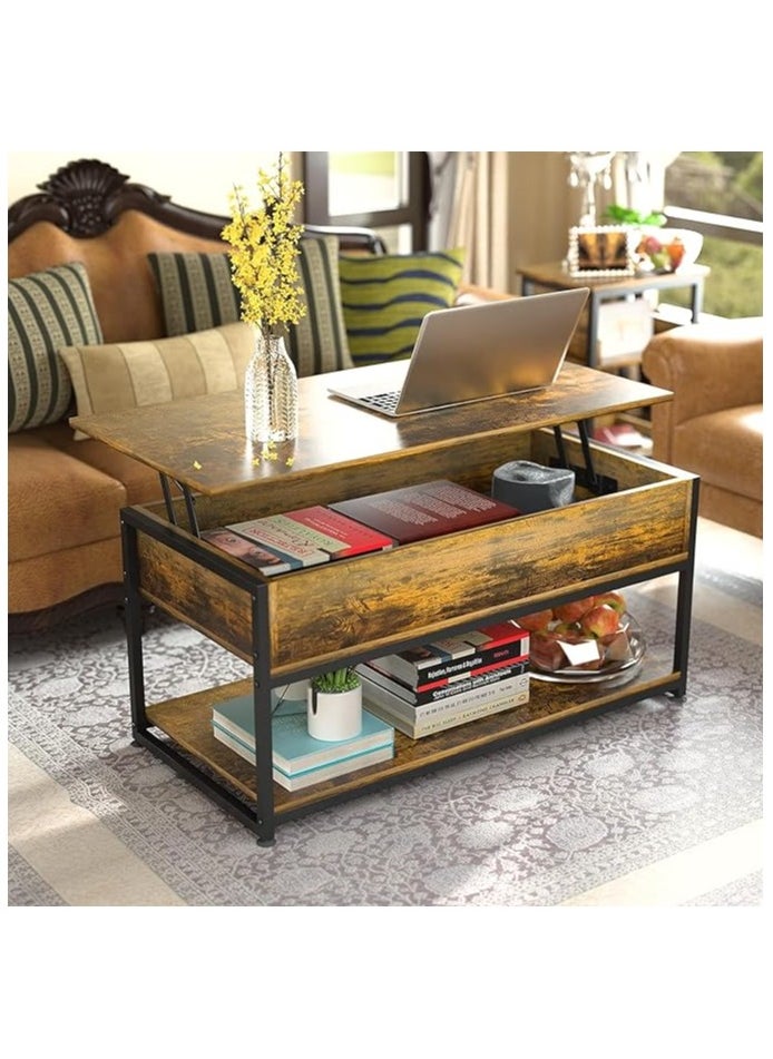 Lift Top Coffee Table, Pop Up Storage, Open Shelf Rising Center, End Table for Living Room Reception (Black Brown)