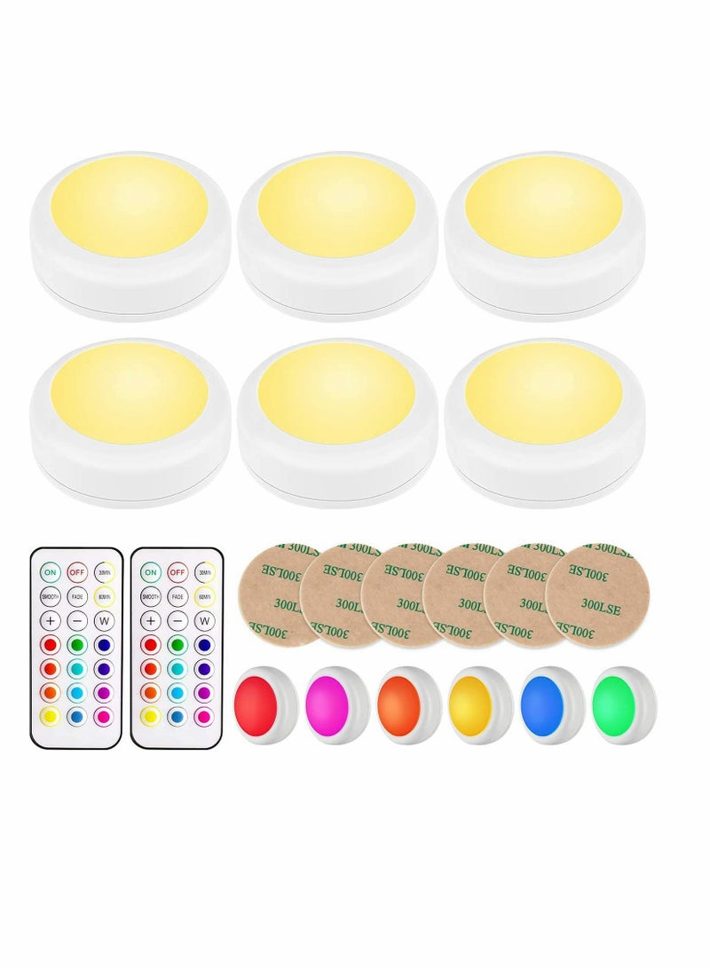 LED Puck Lights with Remote Control, Wireless Under Cabinet Lighting, Battery Powered Lights, Stick on Color Changing Dimmer and Timer, AA Operated Closet Light, 6 Pack - Image 1