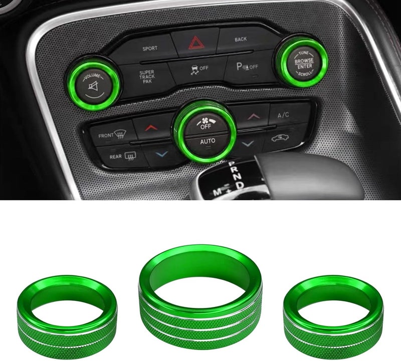 UZZH 3PCS AC Air Conditioner Switch Button Knob Cover, Car Interior Decor Accessories Radio Volume Control Knob Decals for Dodge Challenger Jeep Grand Cherokee Charger Durango Journey Chrysler (Green) - Image 1
