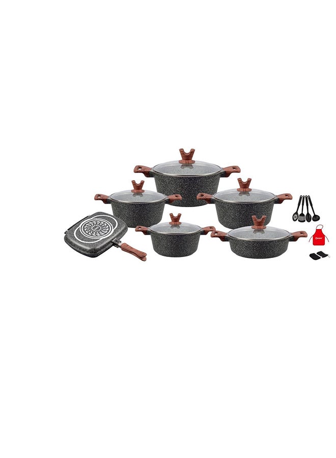 19-Piece Non Stick Granite Cookware Set 20/24/28/32Cm Casserole, 28Cm Shallow Casserole-32cm double fry pan- Pfoa Free