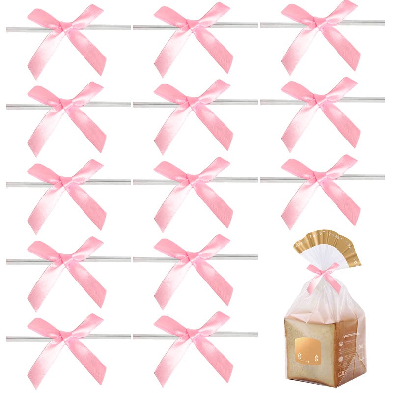 HAPY SHOP 100 Pack Pink Bows Mini Satin Ribbon Twist Tie Bows for DIY Gift Wrap Decoration Package Decorating Ribbon Bow Bowknot for Treat Bags Gift Bags