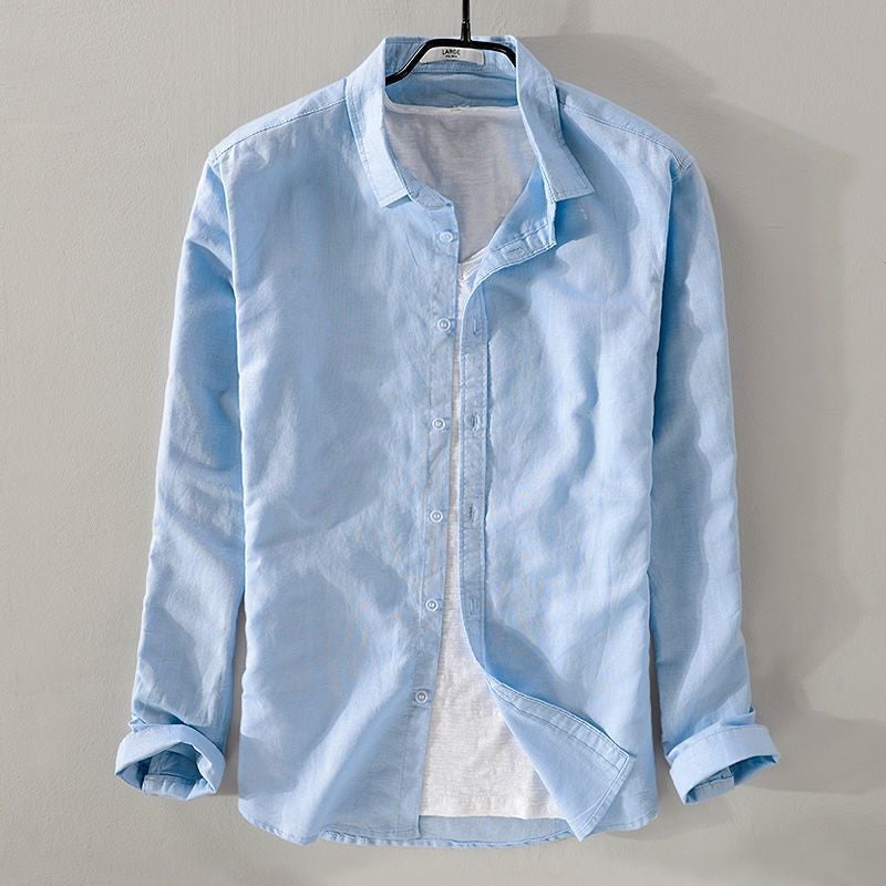 Mens Linen Cotton Shirt Lightweight Casual Summer Sky blue long sleeve 