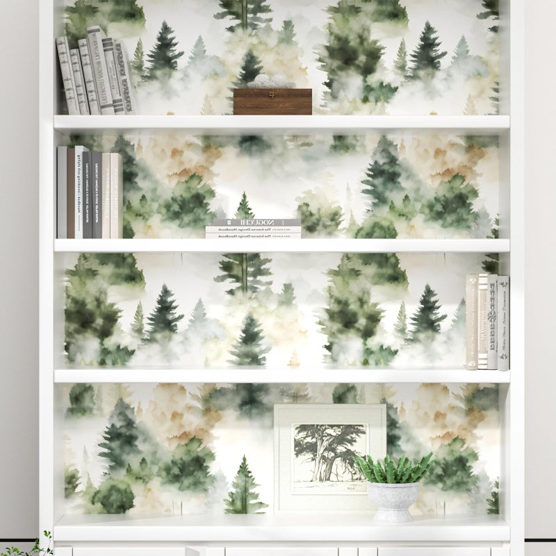 Fvlow Foggy Forest Wallpaper Peel and Stick Misty Woodland Green/Yellow Trees Contact Paper Waterproof Self-Adhesive Wall Paper for Bedroom Countertop Desk Cabinets Decor 17.4" x 118" Renter Friendly - Image 5