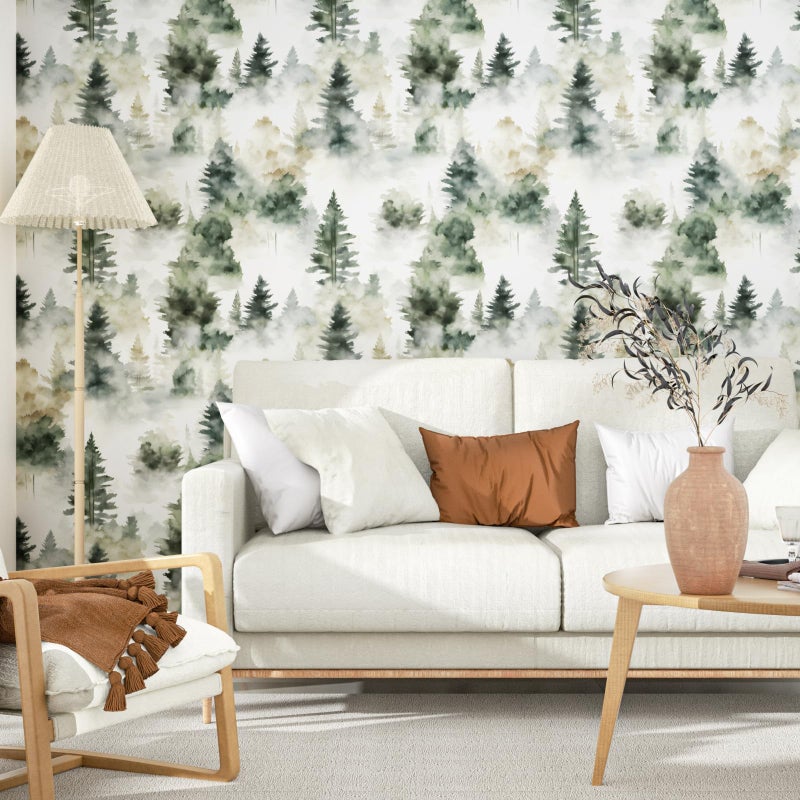 Fvlow Foggy Forest Wallpaper Peel and Stick Misty Woodland Green/Yellow Trees Contact Paper Waterproof Self-Adhesive Wall Paper for Bedroom Countertop Desk Cabinets Decor 17.4" x 118" Renter Friendly - Image 4