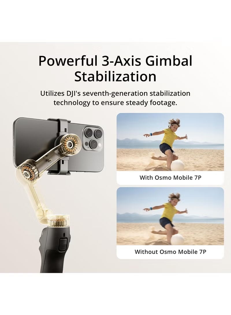 دي جي آي مثبت DJI Osmo Mobile 7P Gimbal لأجهزة iPhone وAndroid، تتبع أصلي، إضاءة، مثبت ثلاثي المحاور للهاتف، تشغيل سريع، تحرير بلمسة واحدة، قضيب تمديد مدمج وحامل ثلاثي القوائم، استخدام لمدة 10 ساعات، شحن الهاتف - Image 4