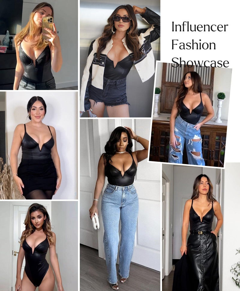 Popilush Body Suits for Womens Tummy Control - Faux Leather Bodysuit Deep V Neck Thong Sleeveless Black Corset Tank Top Size XXL - Image 2