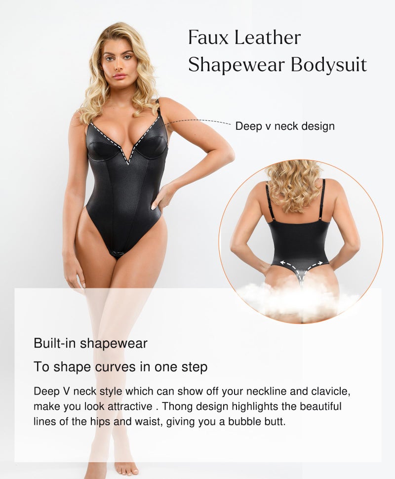 Popilush Body Suits for Womens Tummy Control - Faux Leather Bodysuit Deep V Neck Thong Sleeveless Black Corset Tank Top Size XXL - Image 5