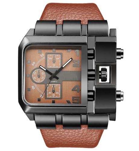Reginald Hip hop Mens 53MM Large Face Watches for Men Novel Face Dial Stainless Steel Quartz Leather Strap Watches (Brown) - Image 1
