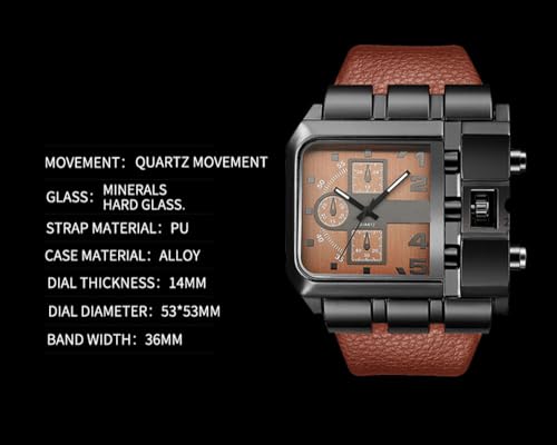 Reginald Hip hop Mens 53MM Large Face Watches for Men Novel Face Dial Stainless Steel Quartz Leather Strap Watches (Brown) - Image 5