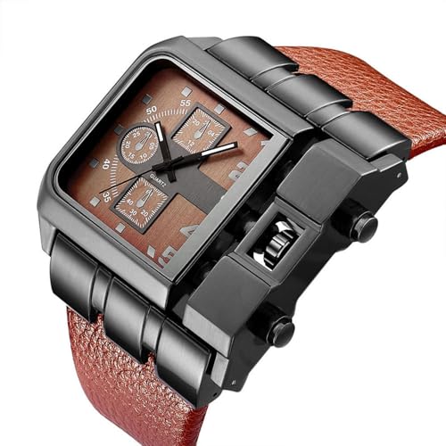 Reginald Hip hop Mens 53MM Large Face Watches for Men Novel Face Dial Stainless Steel Quartz Leather Strap Watches (Brown) - Image 2
