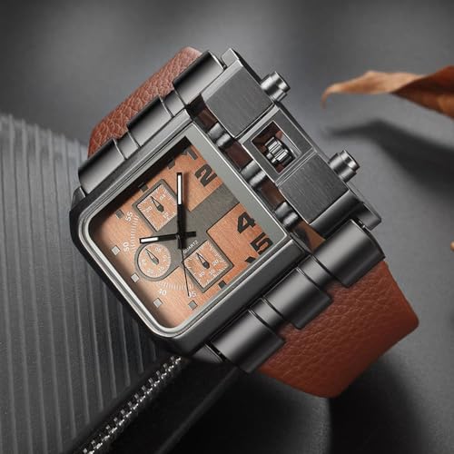 Reginald Hip hop Mens 53MM Large Face Watches for Men Novel Face Dial Stainless Steel Quartz Leather Strap Watches (Brown) - Image 3