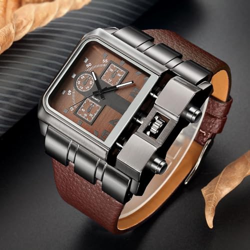 Reginald Hip hop Mens 53MM Large Face Watches for Men Novel Face Dial Stainless Steel Quartz Leather Strap Watches (Brown) - Image 4