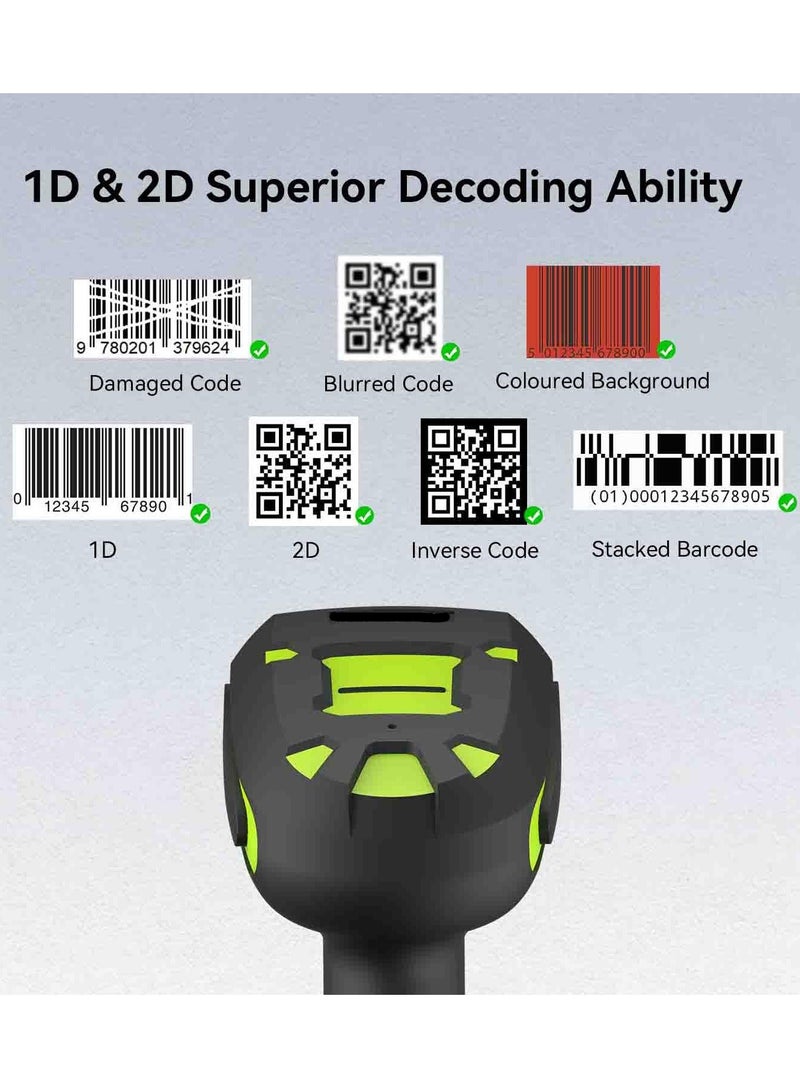 Handheld Upgraded 1D 2D QR Code Code Industrial Barcode Scanner with Wireless Charging Stand 1968 Feet Transmission Distance 433Mhz Wireless and Bluetooth 2in1 Shock Dust Proof Hands Free Green - Image 2