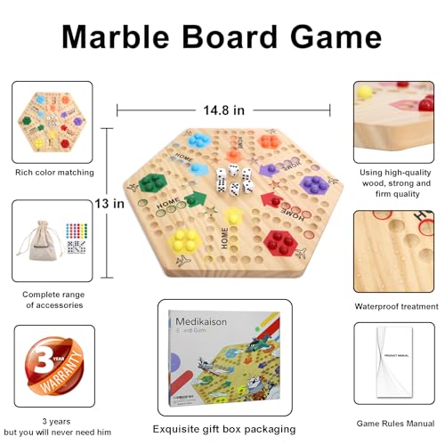 Medikaison Original Marble Game Wahoo Board Game Double Sided Painted Wooden Fast Track Board Game for 6 and 4 Players 6 Colors 24 Marbles 6 Dice for Family Friends - Image 5
