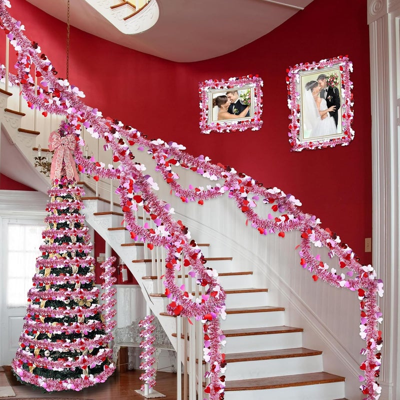 Sakayo 50 Ft Valentines Heart Tinsel Garland Decorations, Valentines Day Red Pink White Metallic Garland Valentine's Day Decorations for Home Indoor Outdoor Wedding Hanging Valentines Day Decor - Image 3