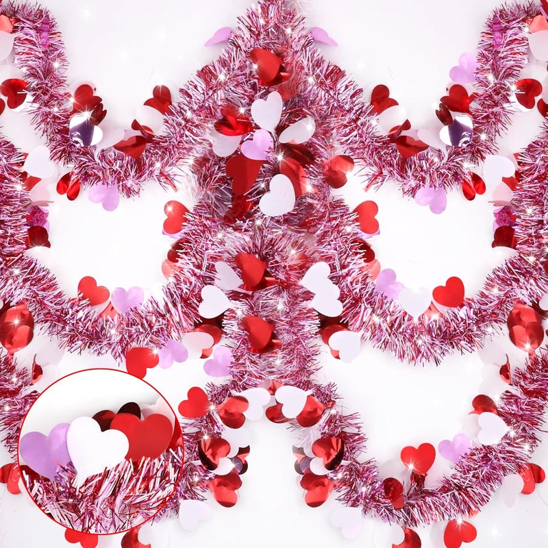 Sakayo 50 Ft Valentines Heart Tinsel Garland Decorations, Valentines Day Red Pink White Metallic Garland Valentine's Day Decorations for Home Indoor Outdoor Wedding Hanging Valentines Day Decor - Image 1