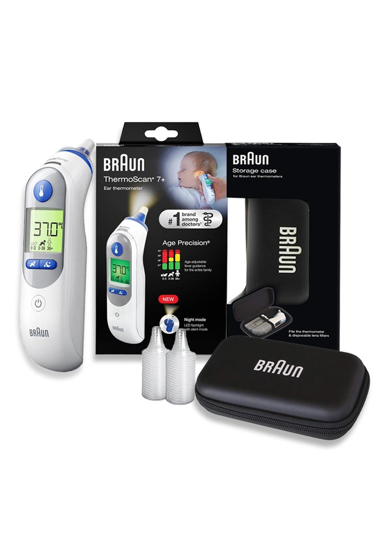 BRAUN IRT 6525 Healthcare ThermoScan 7 Ear Thermometer with Age Precision and Color Coded Display, Temperature Screening, Fever, Fast Easy to Use and Night Mode with Free Case - White - Image 1