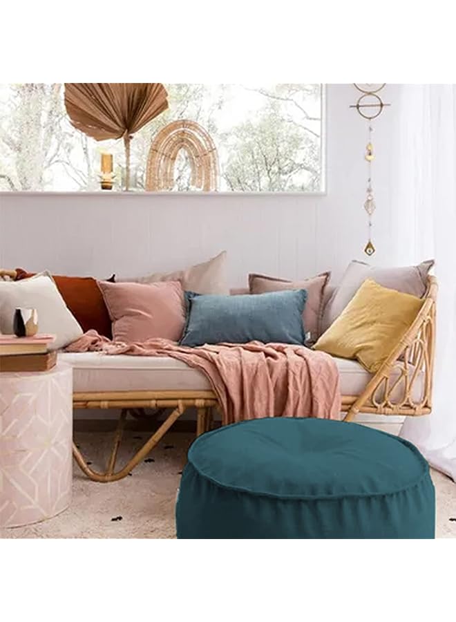 House | Round Decorative Linen Ottomans Floor Cushion - 70x40 cm - Turquoise