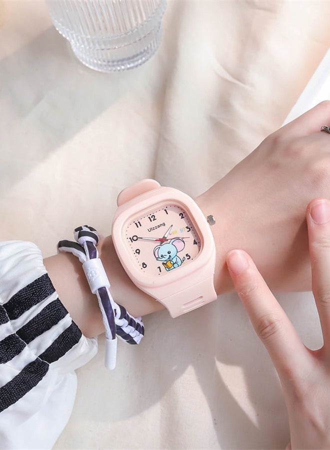 Square Cartoon Stylish Pattern Children's Watch Silicone Strap Suitable for Kids of All Ages Gift Watches Pink  - Image 2
