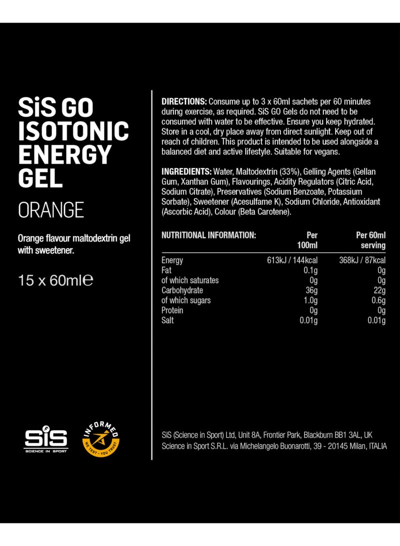 SIS GO Isotonic Energy Gels | 22g Carbohydrates | Low Sugar | Easily Digestible | Gluten Free | No Water Needed | Running Gels | Orange Flavour | 15 Pack - Image 5