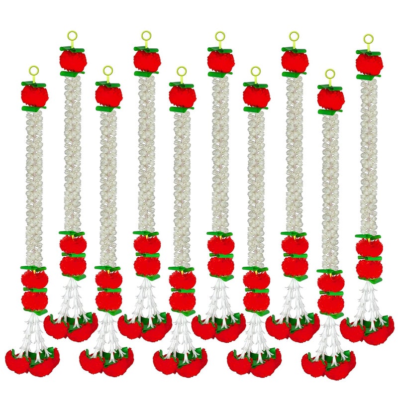 iHandikart iHandikart Jasmine Artificial Garland with Marigold Flowers Tuberose Diwali Decoration for Home Decor White Garland for Decoration Color Red Pack of 10 3330310  - Image 1