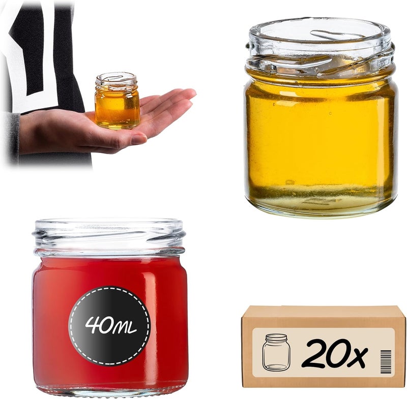 KADAX Set of 20 Mini Preserving Jars, 40 ml, TO43, Without Lid, Spice Jars, Tasting Jars & Jam Jars for Filling, Airtight & Dishwasher Safe - Image 1