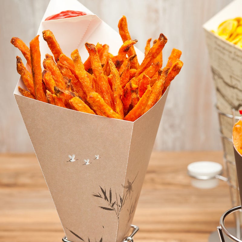 Restaurantware-Cone Tek 15 Inch French Fry Cones, 100 Recyclable Food Cones - Built-In Sauce Cup, Grease-Resistant Lining, Bamboo Print Paper Snack Cones, For Appetizers And Charcuterie - Image 3