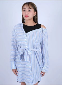 Women’s Deep V Neck Dress in Blue Stripe AOP