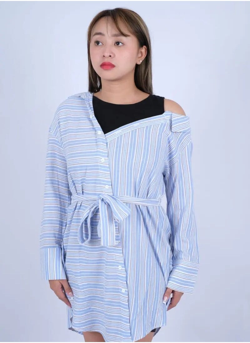 ONLY - Women’s Deep V Neck Dress in Blue Stripe AOP - Image 1