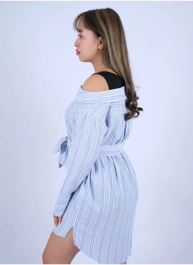 ONLY - Women’s Deep V Neck Dress in Blue Stripe AOP - Image 1