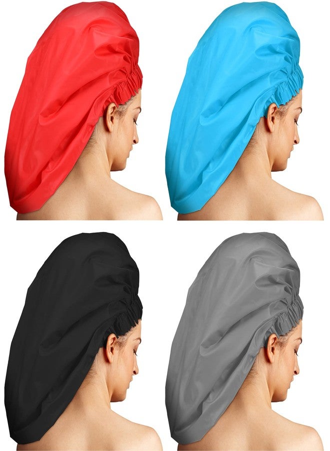 Bencailor 4 Pieces Jumbo Shower Caps, Extra Large Waterproof Shower Caps for Braids, Bath Hair Hat for Women Long Hair, Soft and Comfortable(Blank Pattern,Black, Grey, Blue, Red) - Image 1
