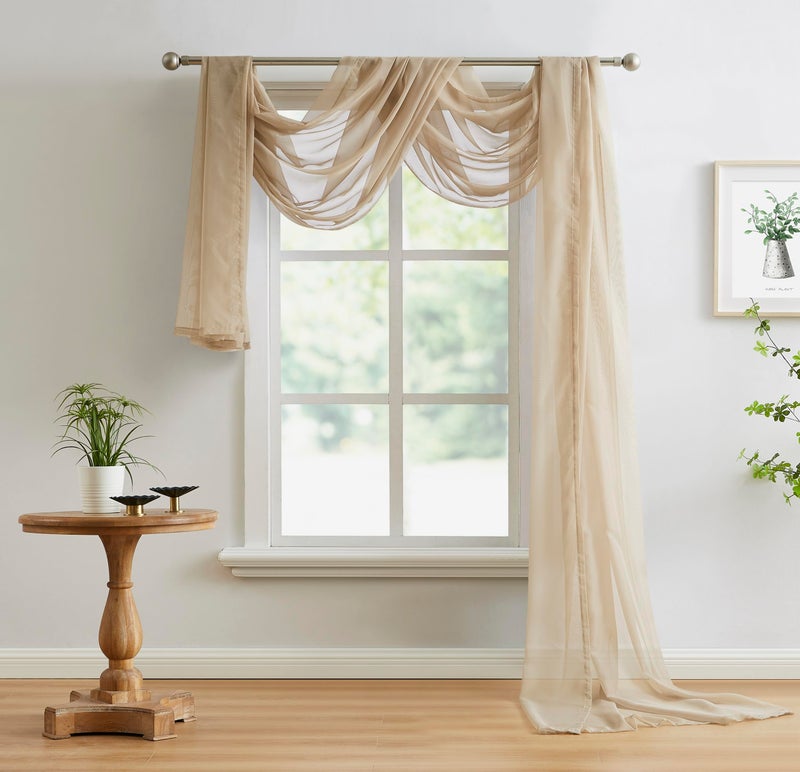 LinenZone Taupe Window Scarf Valance in 144 Inch Size. Use Window Scarves as Canopy Bed or Backdrop Curtains, Curtain Scarf, or Sheer Fabric for Draping. (Amazing 55 x 144, Taupe)
