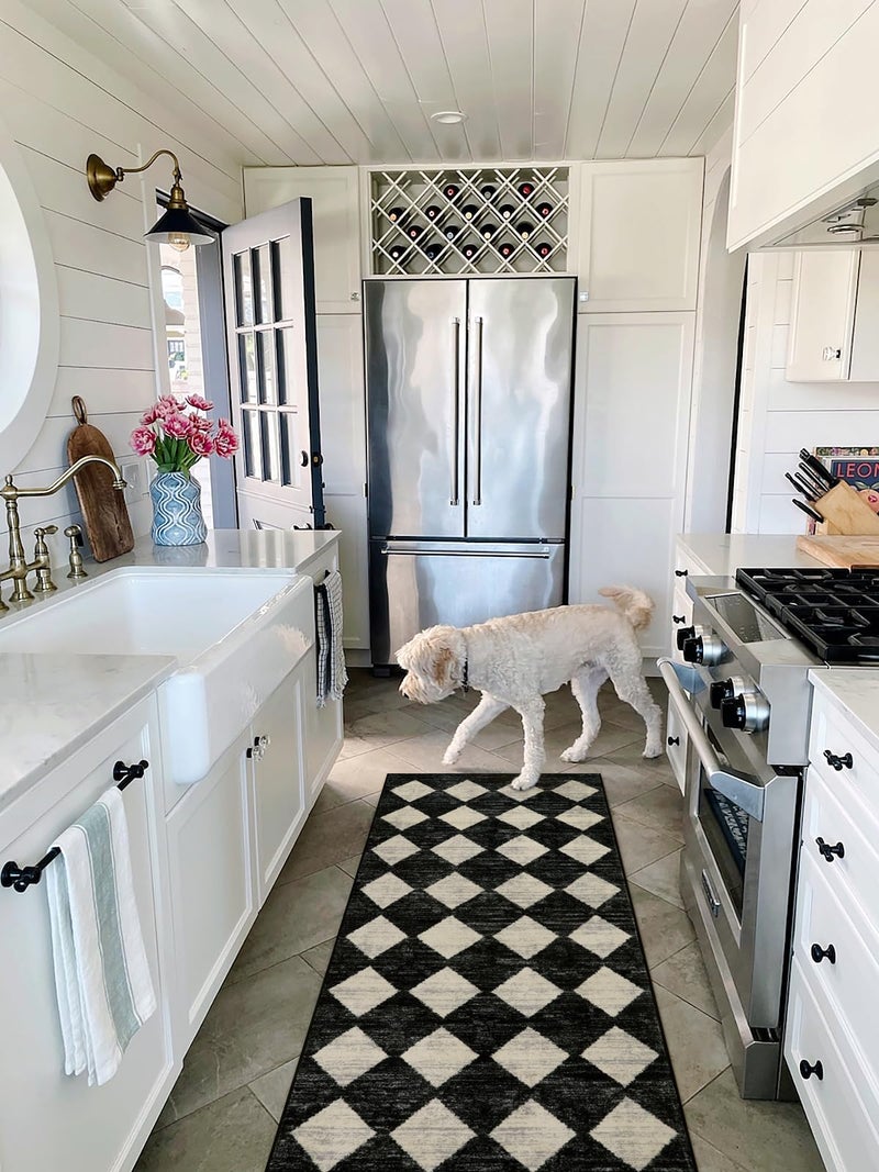 La Home Lahome Washable Black and White Kitchen Runner Rug, 2x5 Soft Non Slip Laundry Room Rug Bathroom Runner Rugs with Rubber Backing, Moroccan Trellis Kid Pet Friendly Carpet Runners for Entryway Bedside - Image 2