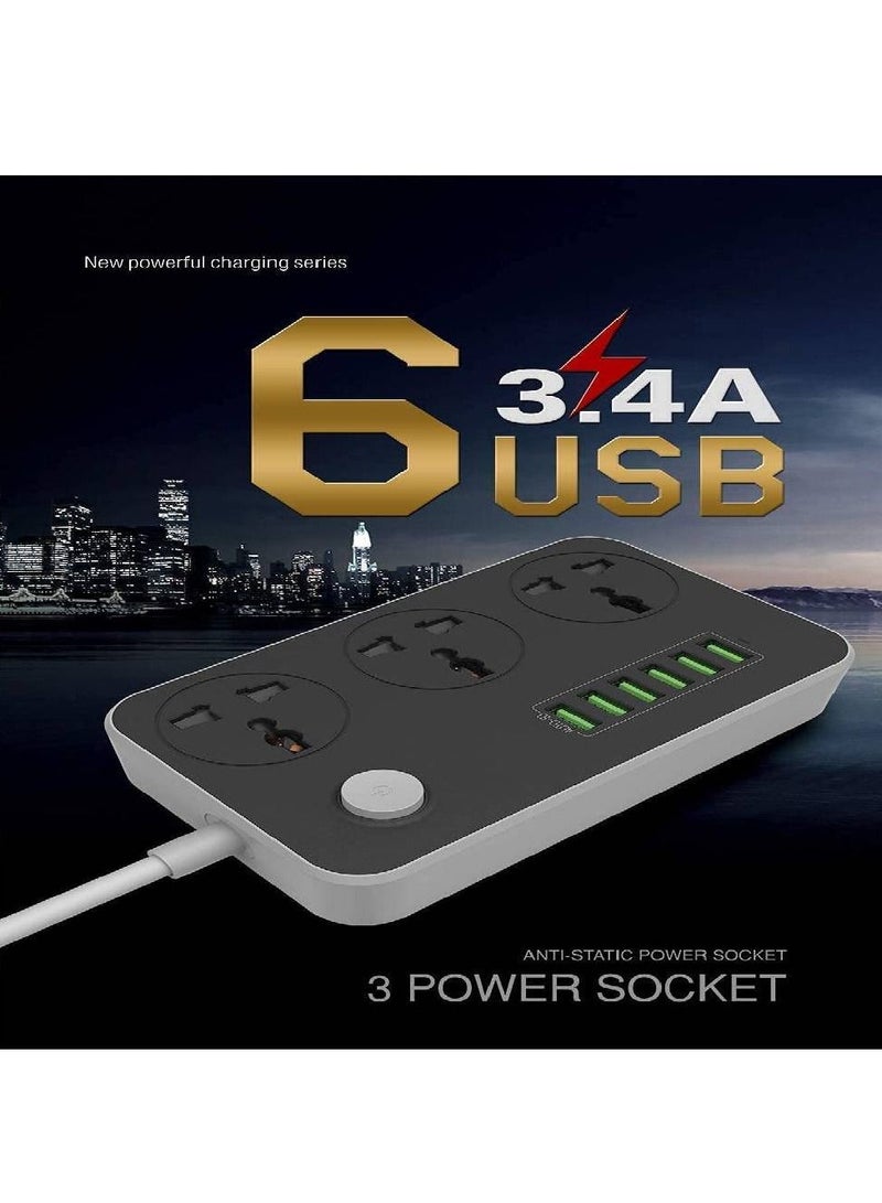 Universal Power Strips 3 Way Outlets 6 USB Plug Ports Surge Protection Power Socket Switch Portable Charger Fast Charging with 2M Wall Plug Adapter - Image 3